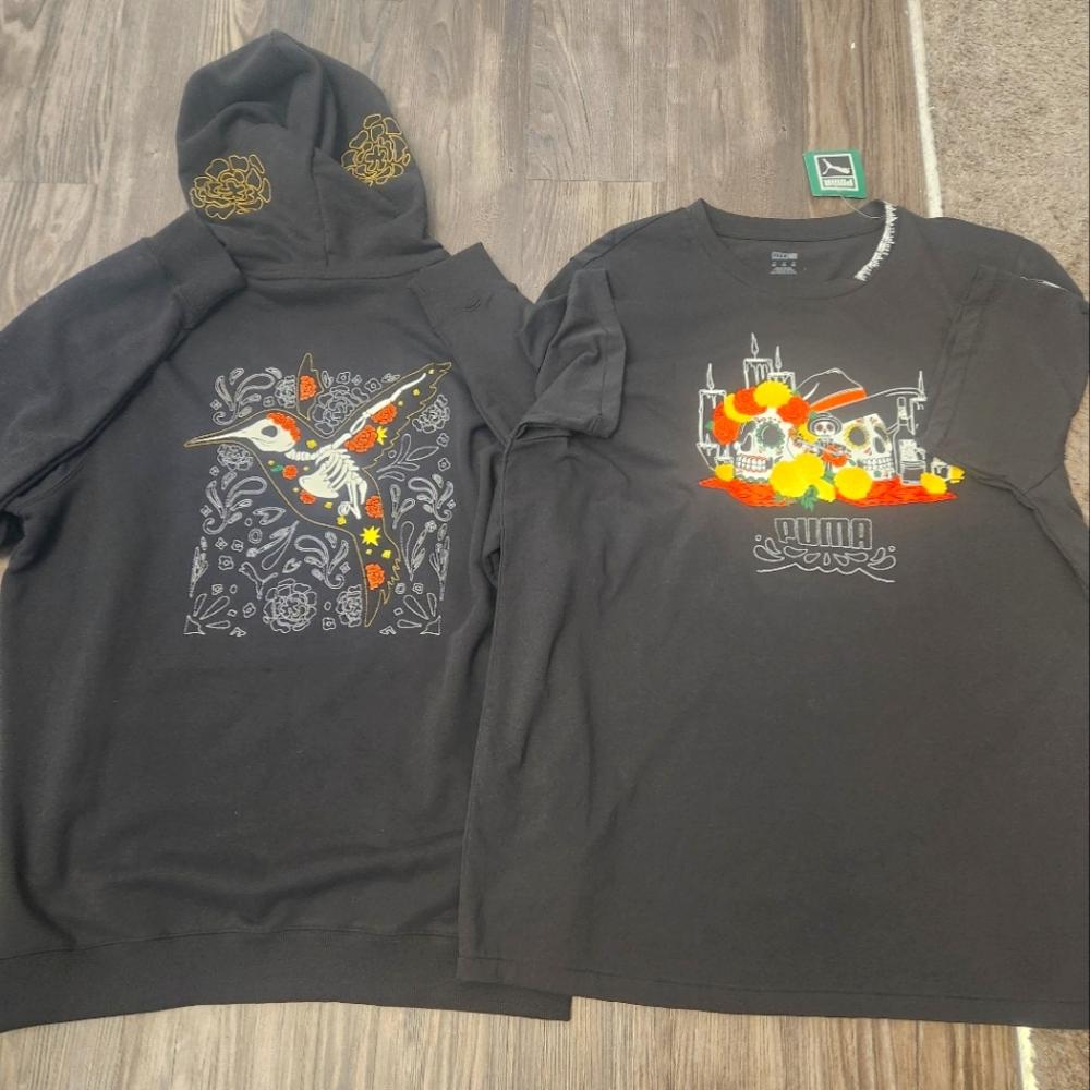 BWT Puma dia de los muertos Hoodie and T-shirt Black Orange Yellow Sz  L